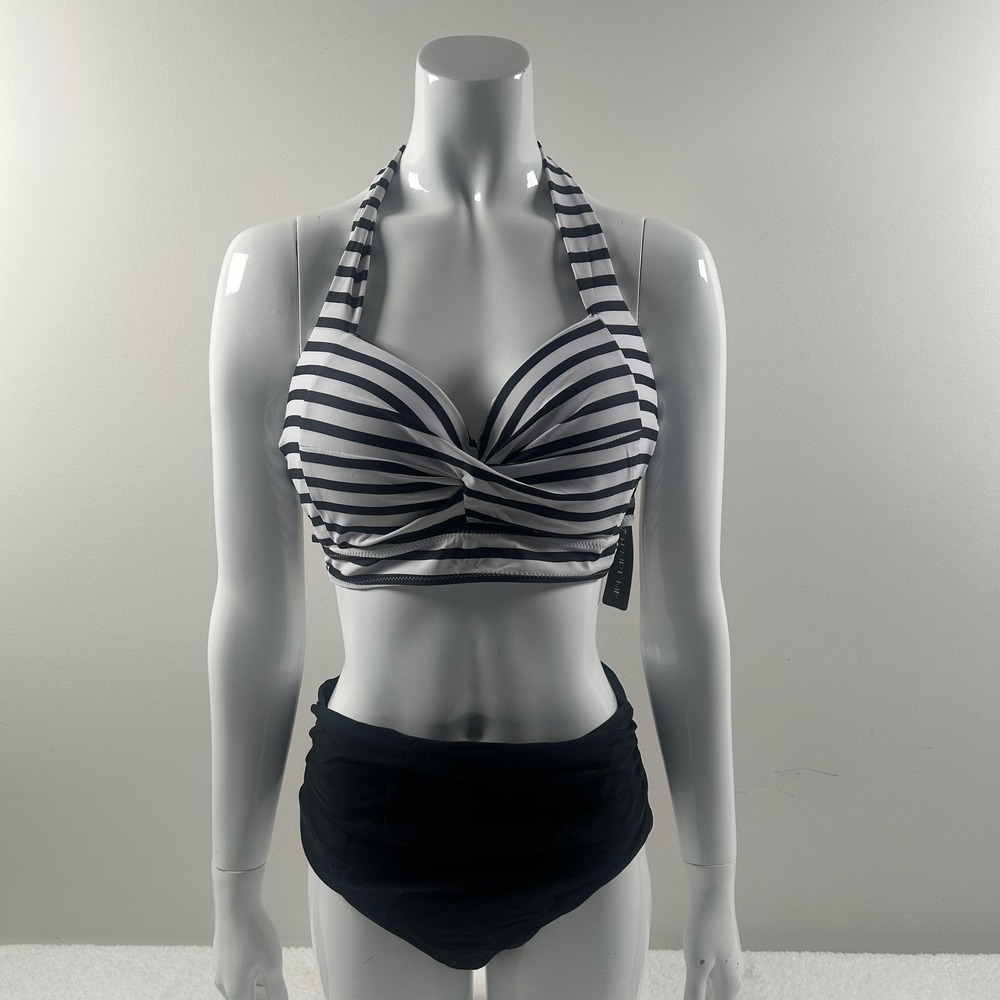 Tempt Me Bikini Set Womens‎ L Black Striped Halter Underwire High Waist Swimsuit